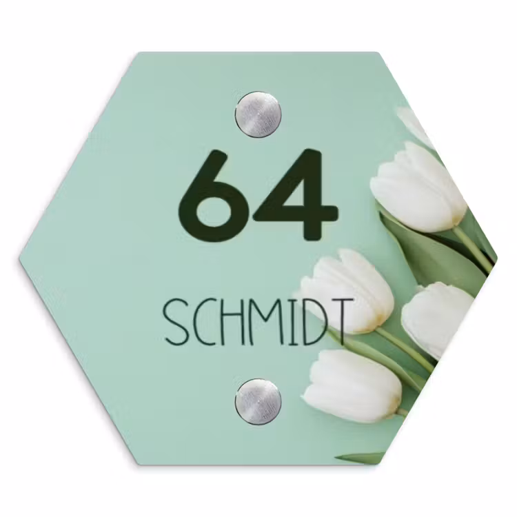 Witte tulpen - Modern Naambord Hexagon klein -3d