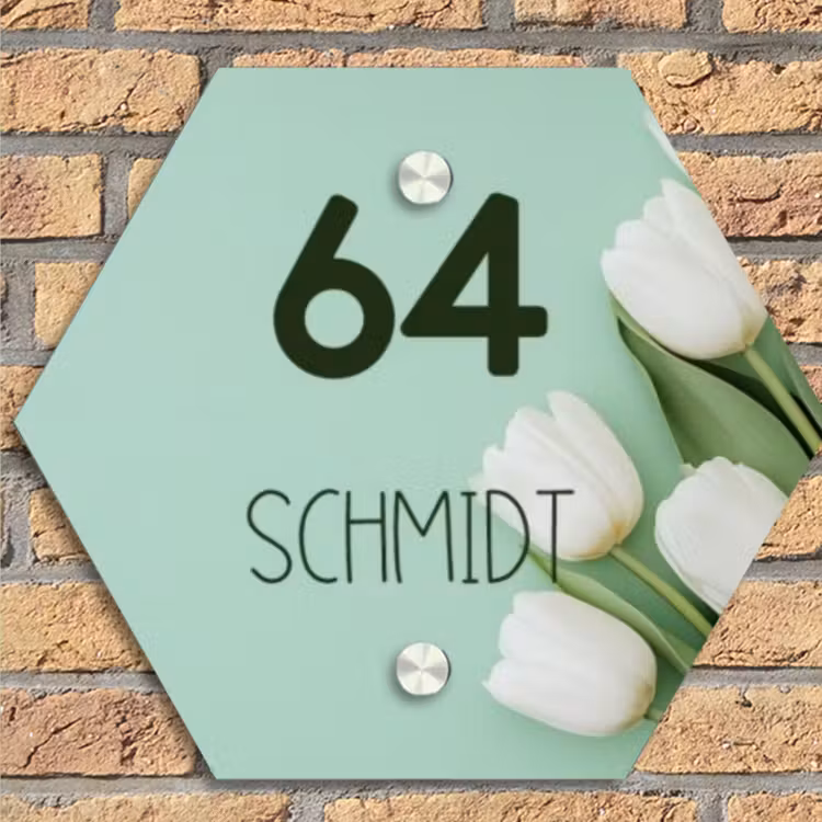 Witte tulpen - Modern Naambord Hexagon klein -sfeer1