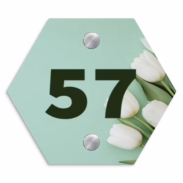 Witte tulpen - Traditioneel Naambord Hexagon klein -3d