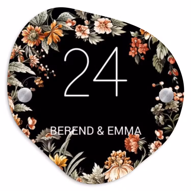 Bloemen - Zwart - Klassiek Naambord Organisch middel -3d