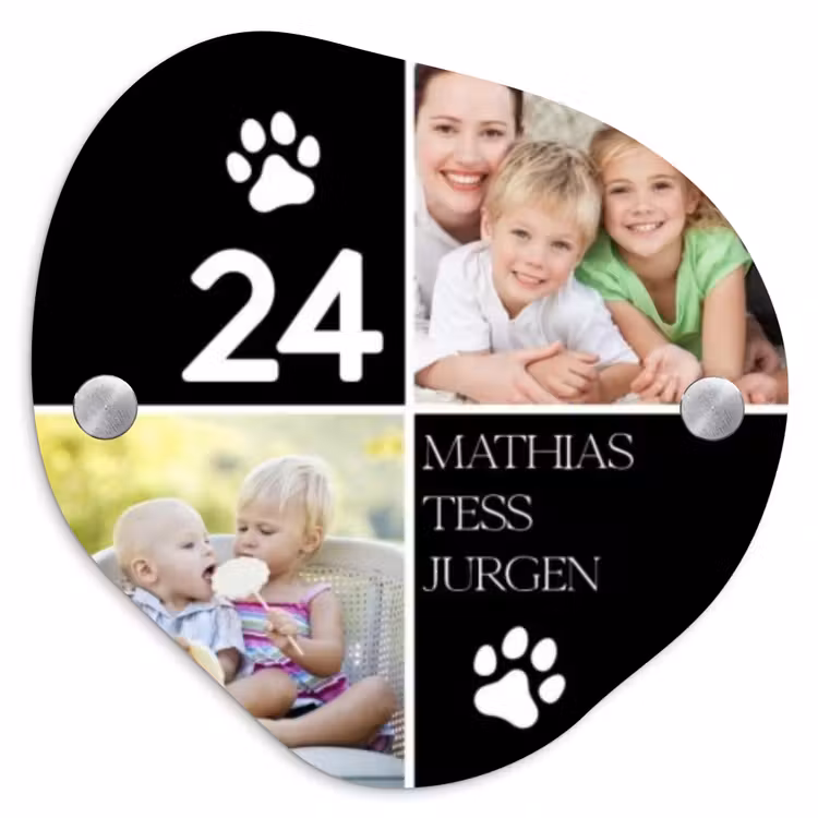 Familieportret met pootafdrukken zwart - Klassiek Naambord Organisch middel -3d
