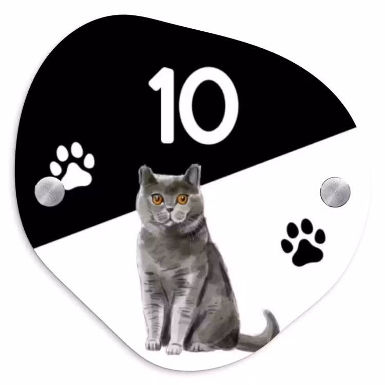 Zwart wit - Huisdier - Grijze kat Naambord Organisch middel -3d