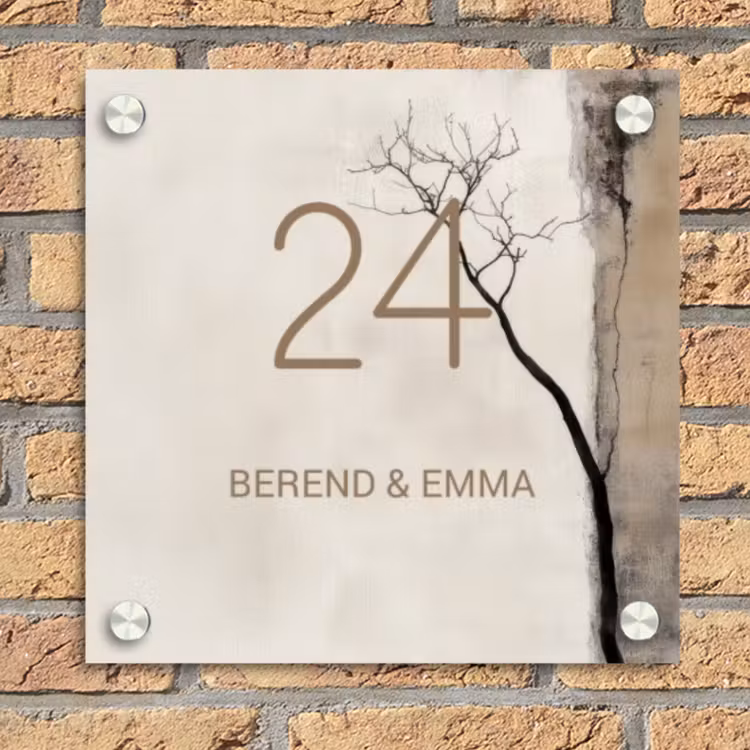 Boomsilhouet beige achtergrond - Klassiek Naambord Vierkant klein -sfeer1