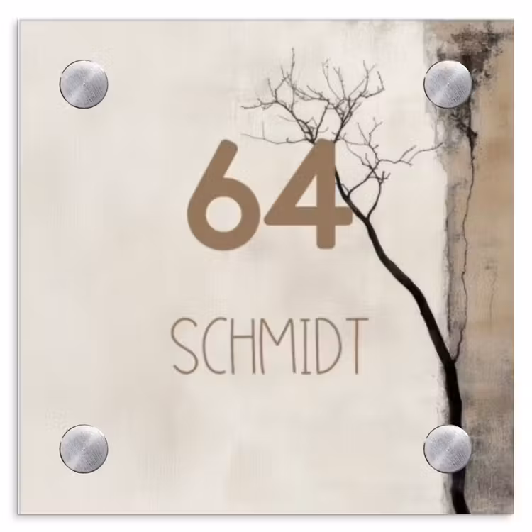 Boomsilhouet beige achtergrond - Modern Naambord Vierkant klein -3d