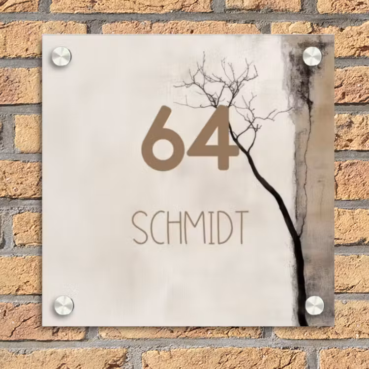 Boomsilhouet beige achtergrond - Modern Naambord Vierkant klein -sfeer1
