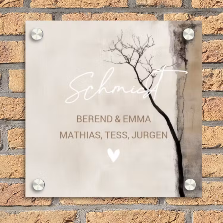 Boomsilhouet beige achtergrond - Sierlijk Naambord Vierkant klein -sfeer1