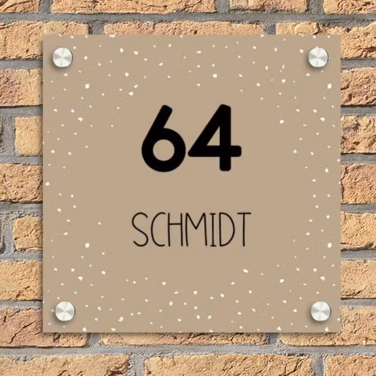 Beige met stippen - Modern Naambord Vierkant klein -sfeer1