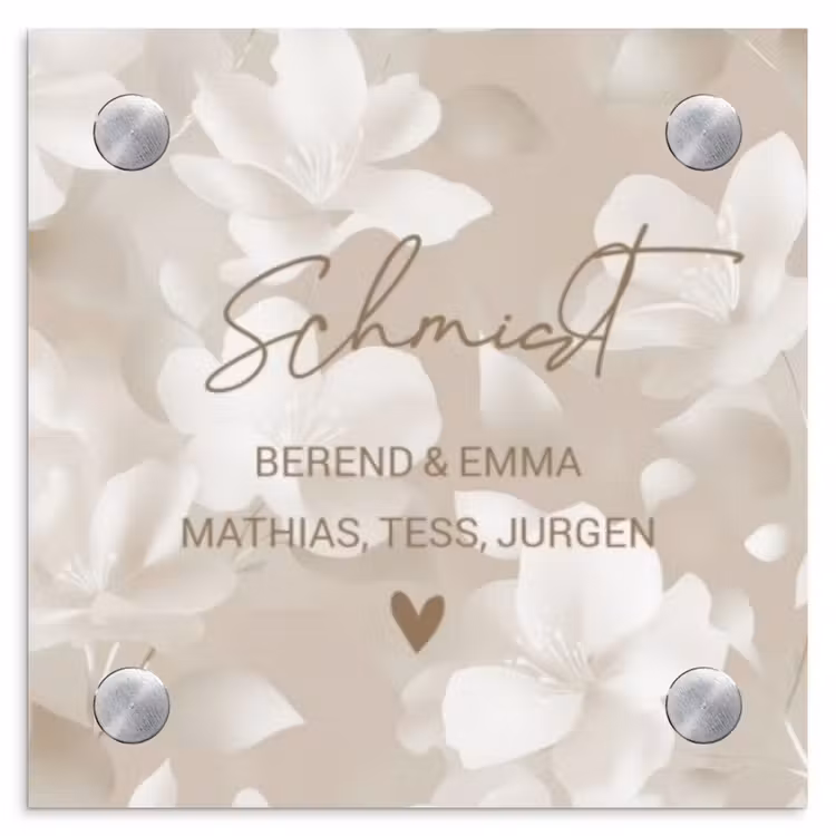 Beigefarbene Blumen - Elegant Naambord Vierkant klein -3d