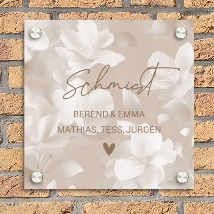 Beigefarbene Blumen - Elegant Naambord Vierkant klein -sfeer1