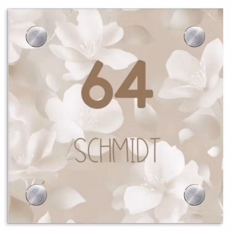 Beigefarbene Blumen - Modern Naambord Vierkant klein -3d