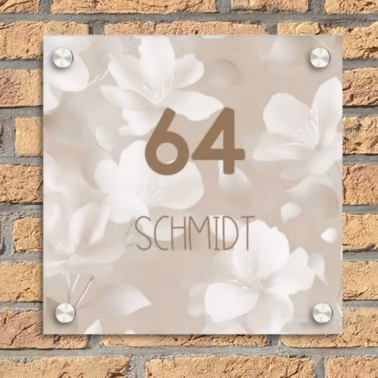 Beigefarbene Blumen - Modern Naambord Vierkant klein -sfeer1