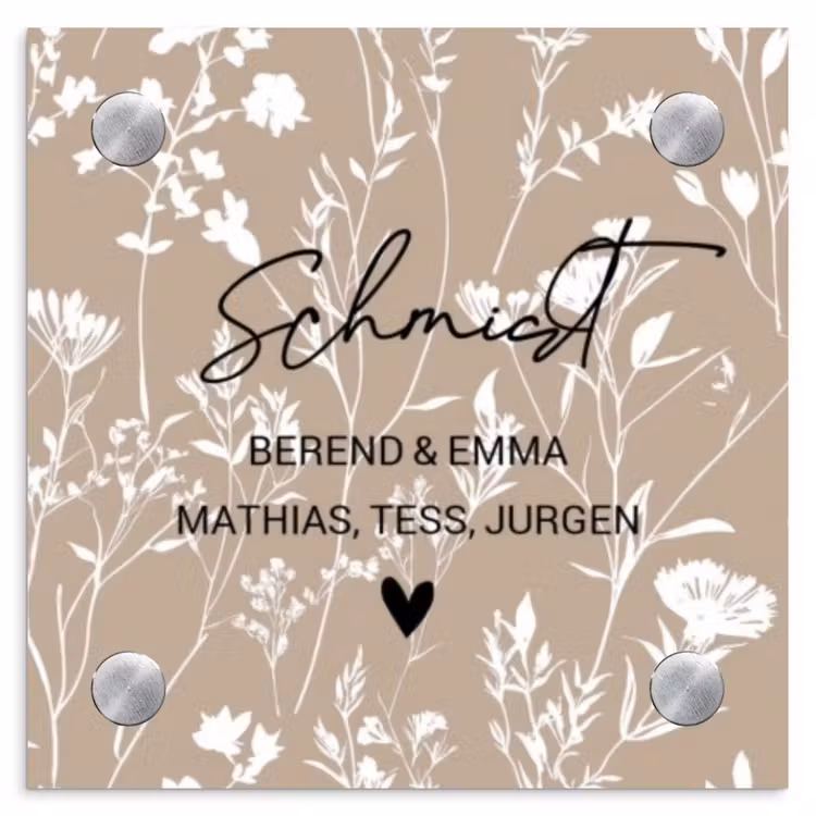 Beiges Blumenmuster - Elegant Naambord Vierkant klein -3d