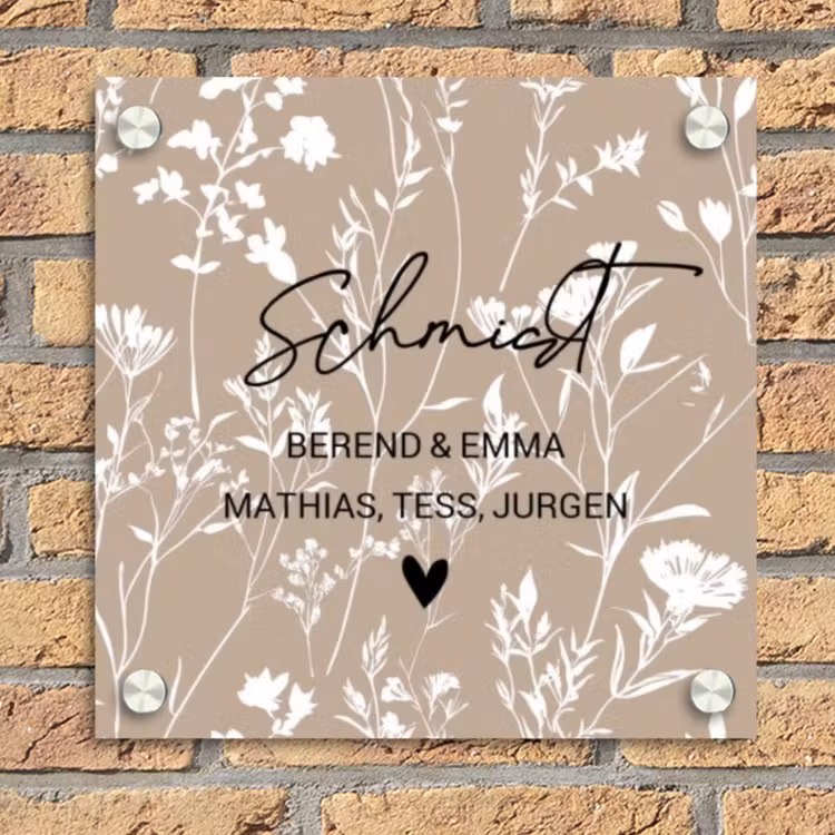 Beiges Blumenmuster - Elegant Naambord Vierkant klein -sfeer1