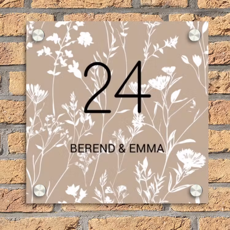 Beiges Blumenmuster - Klassisch Naambord Vierkant klein -sfeer1