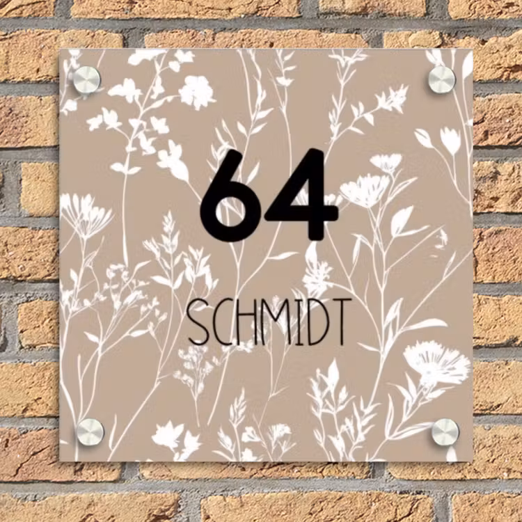 Beiges Blumenmuster - Modern Naambord Vierkant klein -sfeer1