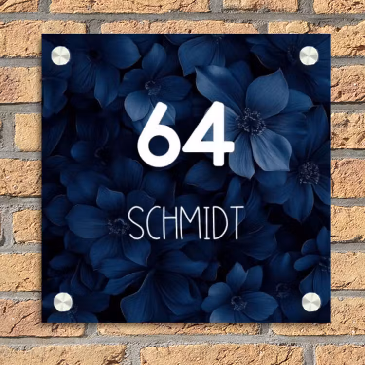 Blauwe bloemen - Modern Naambord Vierkant klein -sfeer1
