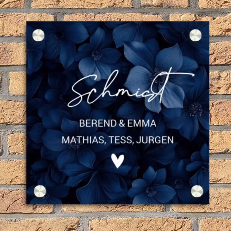 Blauwe bloemen - Sierlijk Naambord Vierkant klein -sfeer1