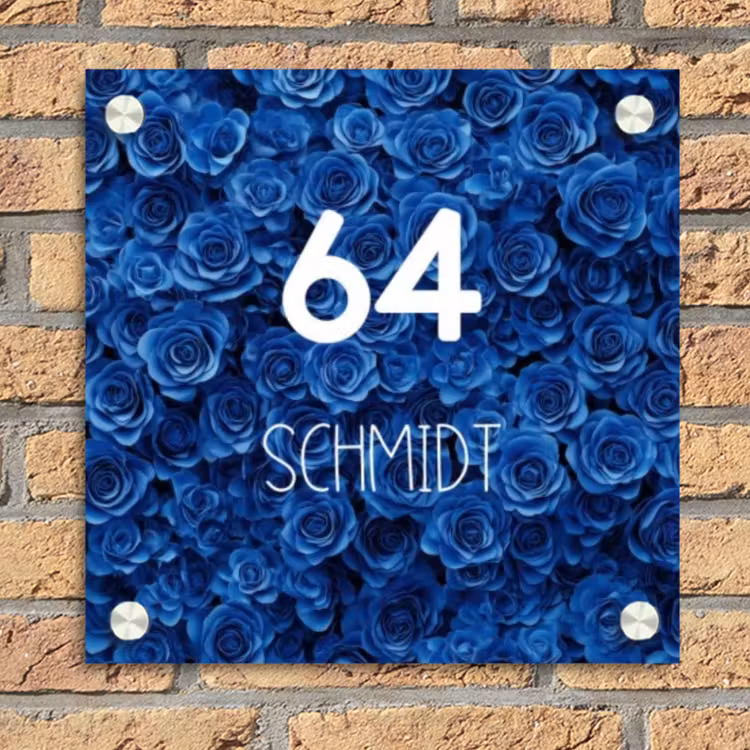 Blauwe rozen - Modern Naambord Vierkant klein -sfeer1