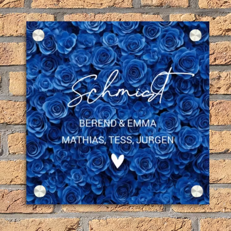 Blauwe rozen - Sierlijk Naambord Vierkant klein -sfeer1