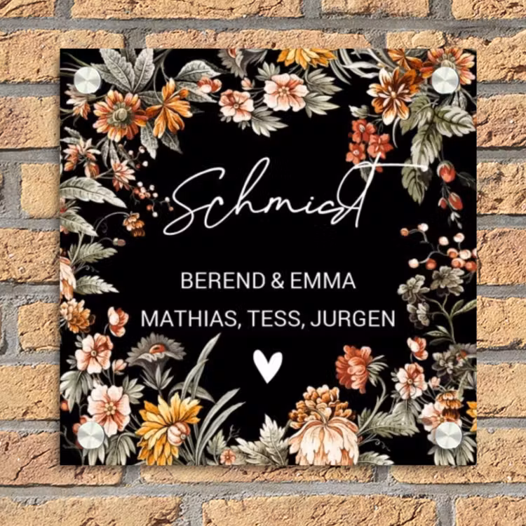 Bloemen - Zwart - Sierlijk Naambord Vierkant klein -sfeer1