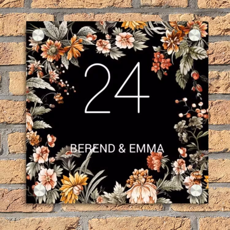 Bloemen - Zwart - Klassiek Naambord Vierkant klein -sfeer1
