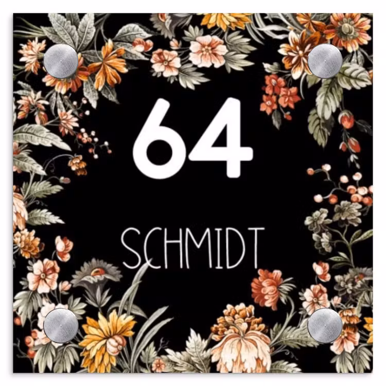 Bloemen - Zwart - Modern Naambord Vierkant klein -3d