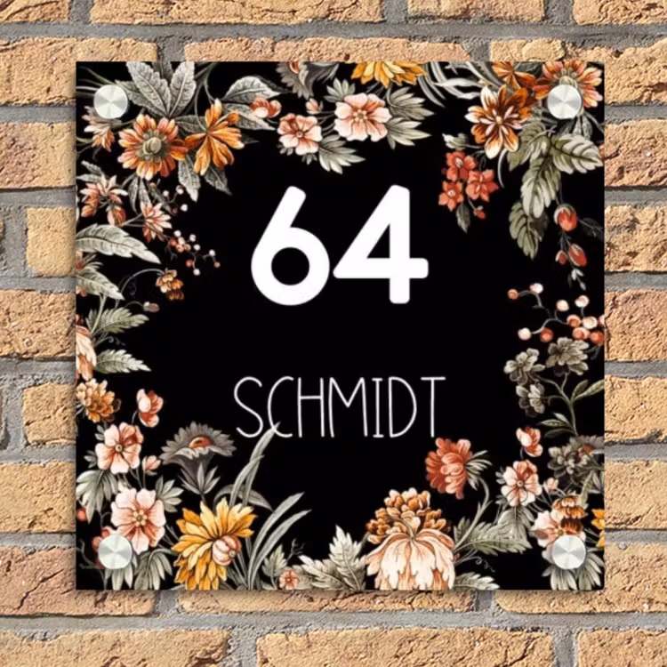 Bloemen - Zwart - Modern Naambord Vierkant klein -sfeer1