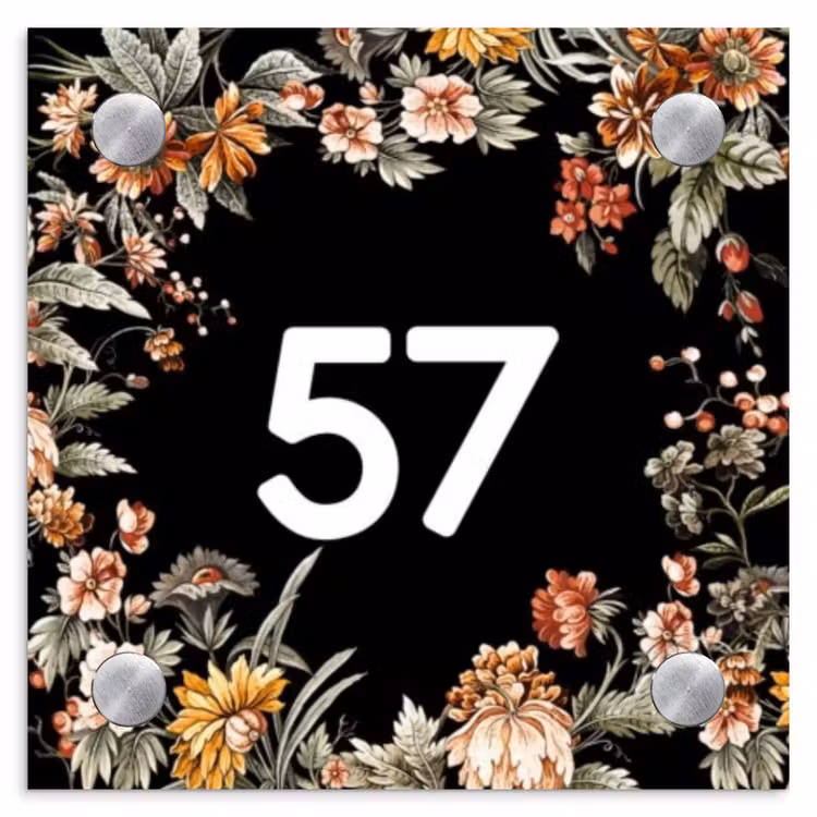 Bloemen - Zwart - Traditioneel Naambord Vierkant klein -3d