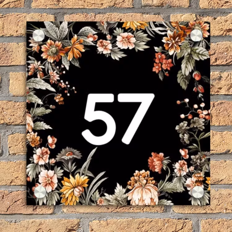 Bloemen - Zwart - Traditioneel Naambord Vierkant klein -sfeer1