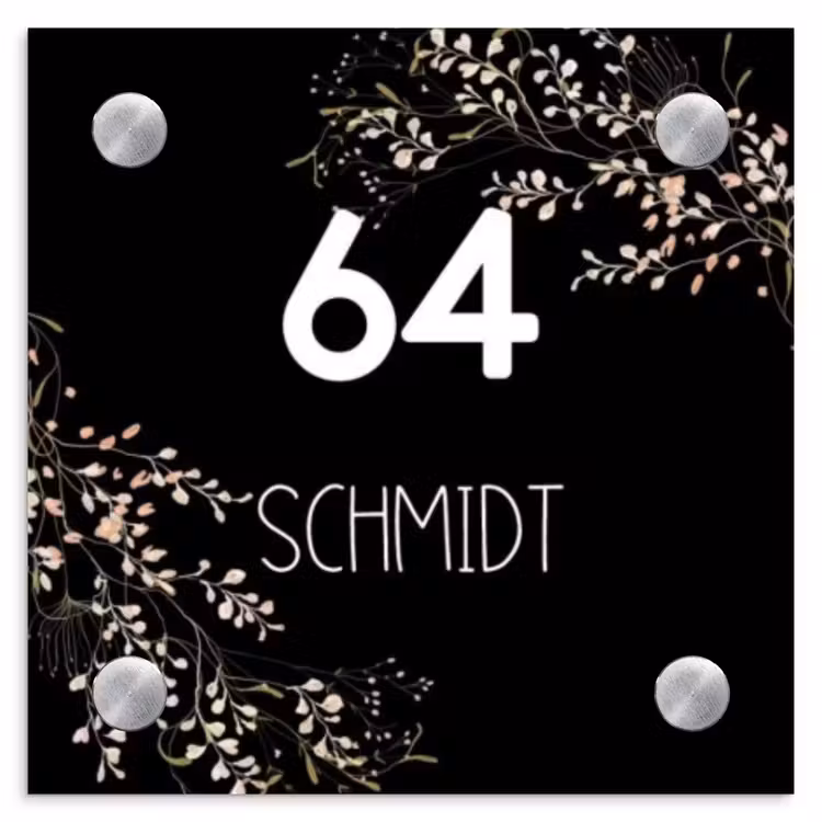 Botanisch - Zwart - Modern Naambord Vierkant klein -3d