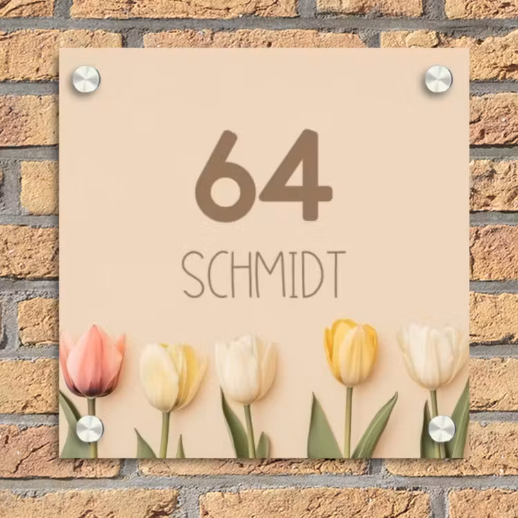 Gekleurde tulpen beige achtergrond - Modern Naambord Vierkant klein -sfeer1