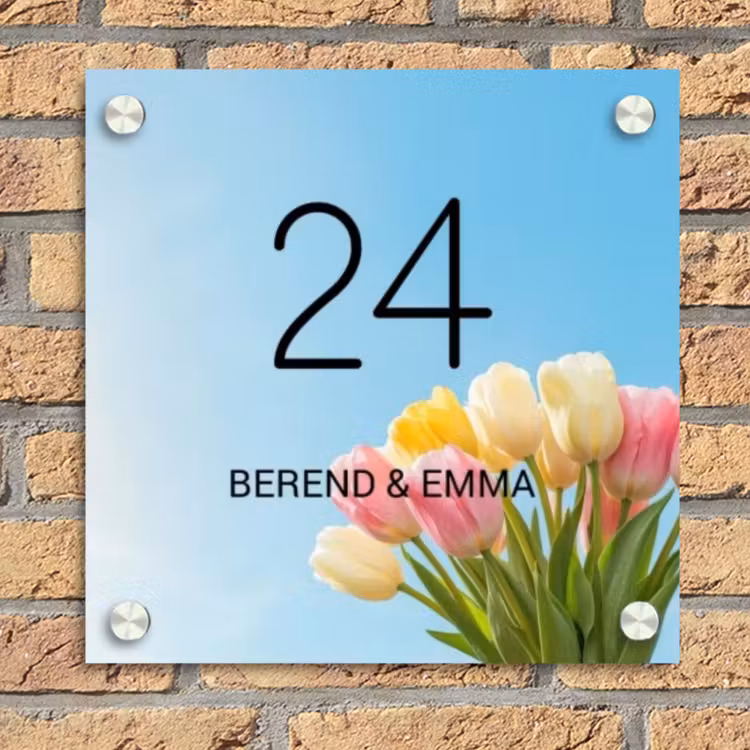 Gekleurde tulpen lucht - Klassiek Naambord Vierkant klein -sfeer1