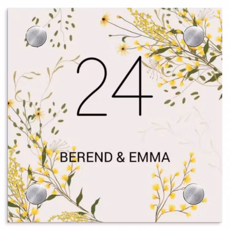 Gele bloemen - Klassiek Naambord Vierkant klein -3d