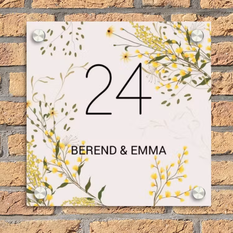 Gele bloemen - Klassiek Naambord Vierkant klein -sfeer1