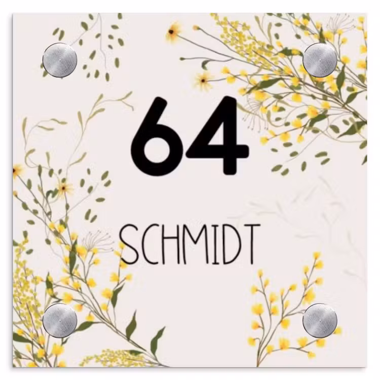 Gele bloemen - Modern Naambord Vierkant klein -3d