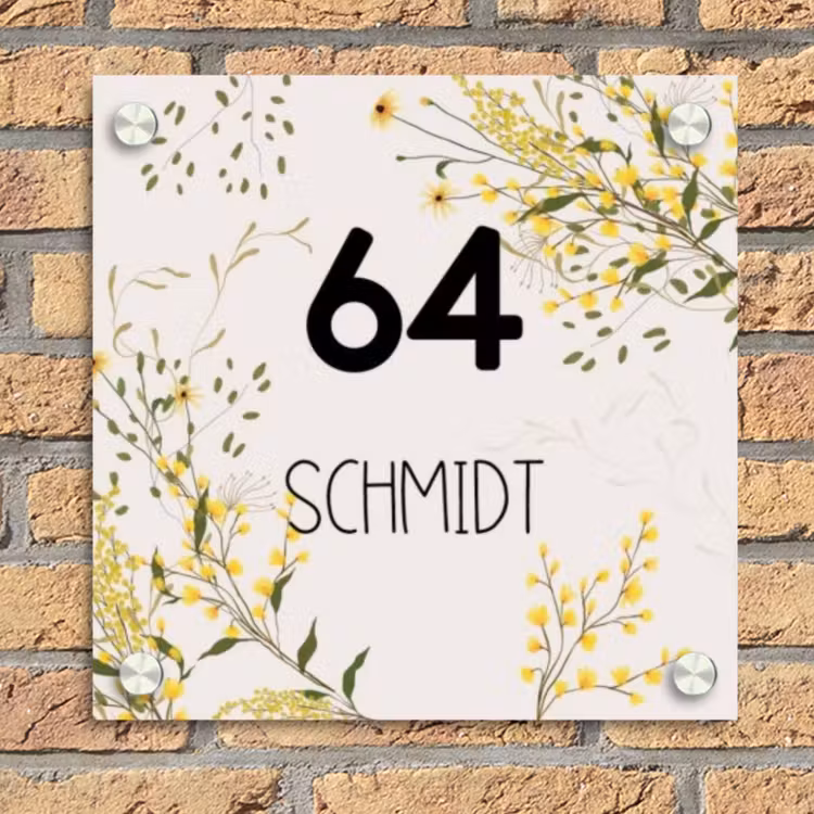 Gele bloemen - Modern Naambord Vierkant klein -sfeer1