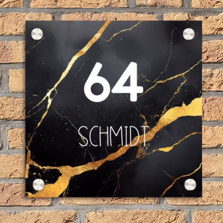 Goud zwart marmer - Modern Naambord Vierkant klein -sfeer1