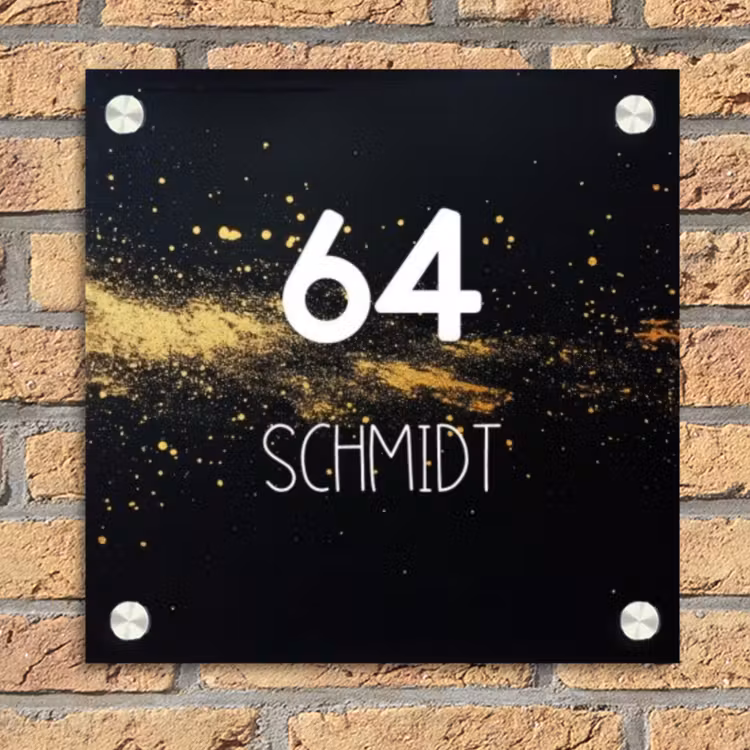 Gouden verfspatten - Modern Naambord Vierkant klein -sfeer1