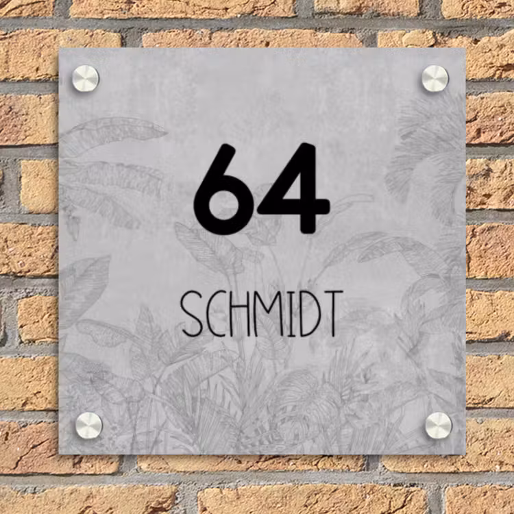 Grijs botanisch patroon - Modern Naambord Vierkant klein -sfeer1