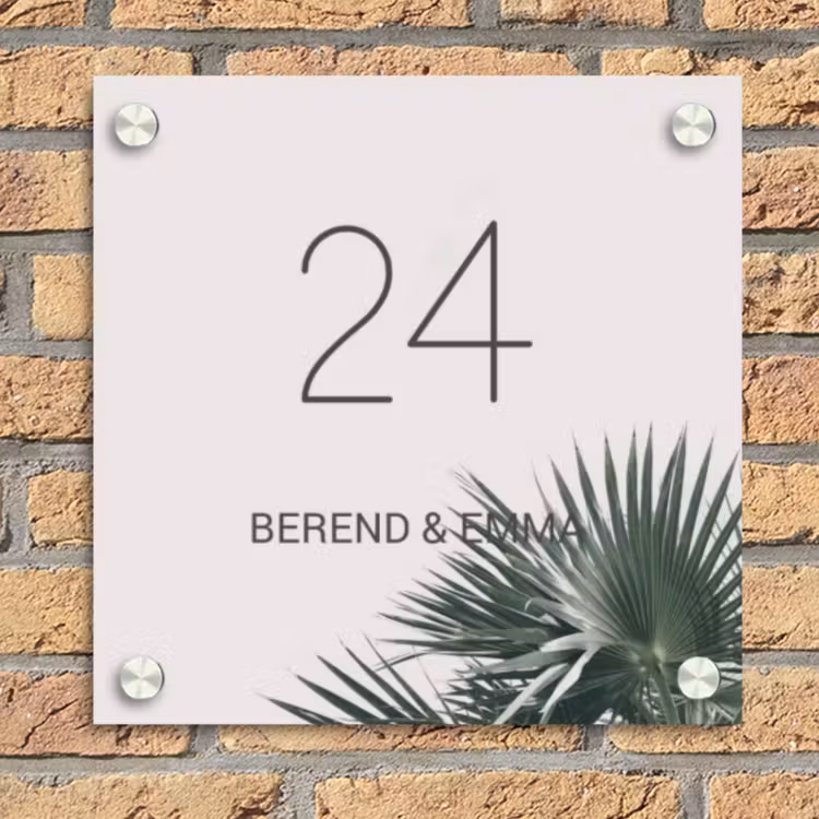 Lichtroze met palmblad - Klassiek Naambord Vierkant klein -sfeer1