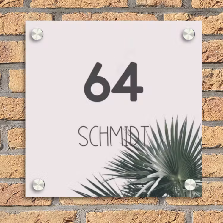 Lichtroze met palmblad - Modern Naambord Vierkant klein -sfeer1