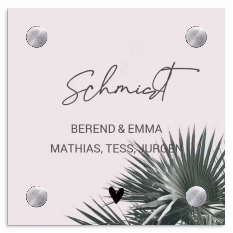 Lichtroze met palmblad - Sierlijk Naambord Vierkant klein -3d