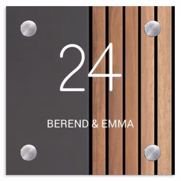 Hout en antraciet - Klassiek Naambord Vierkant klein -3d