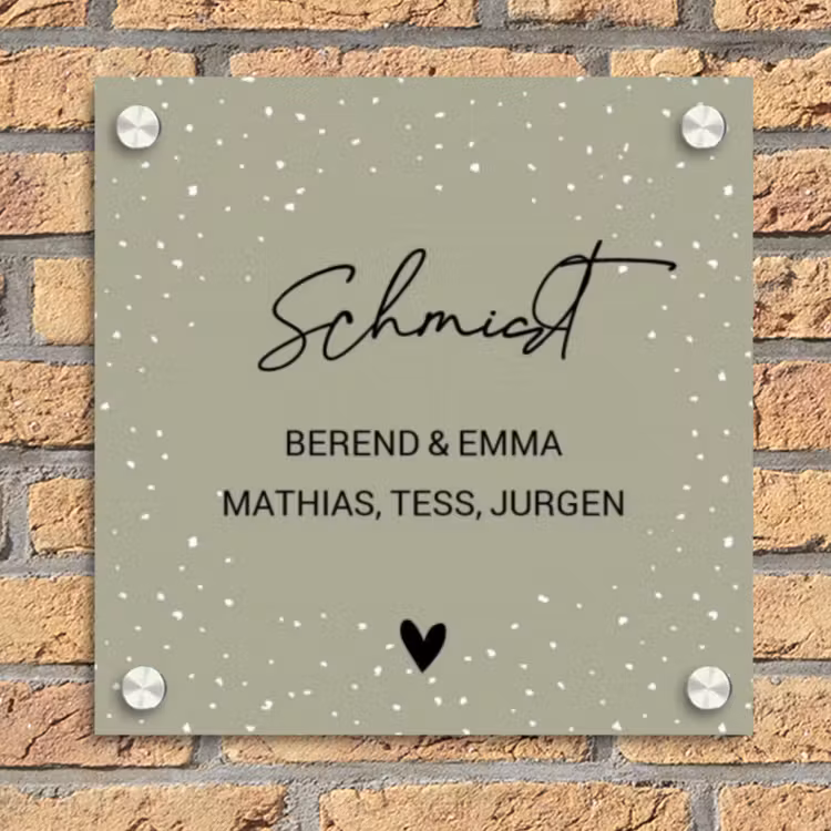 Olijfgroen met stippen - Sierlijk Naambord Vierkant klein -sfeer1