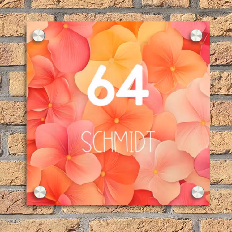 Oranje bloemenmix - Modern Naambord Vierkant klein -sfeer1