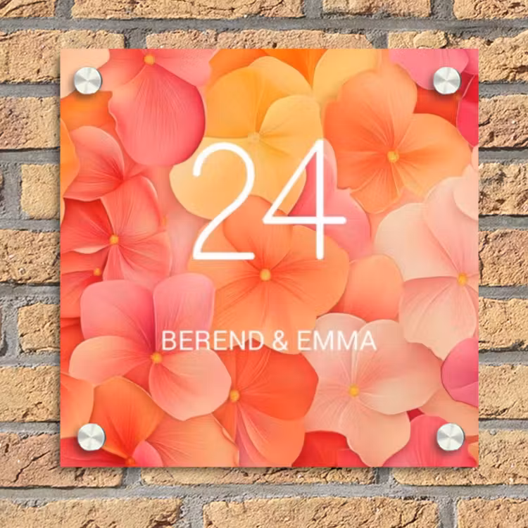 Oranje bloemenmix - Klassiek Naambord Vierkant klein -sfeer1
