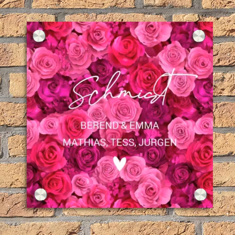 Roze rozen - Sierlijk Naambord Vierkant klein -sfeer1