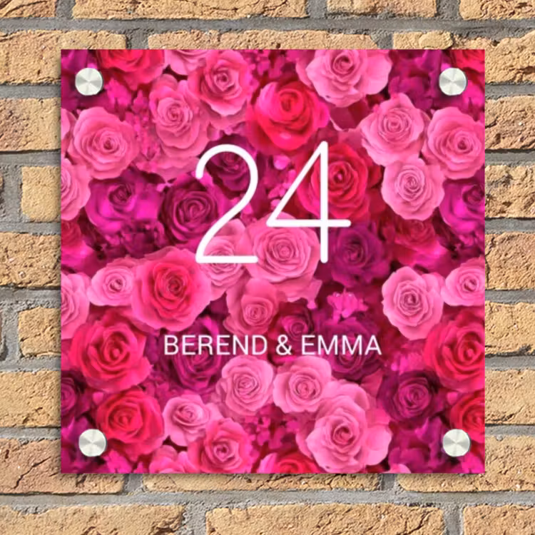 Roze rozen - Klassiek Naambord Vierkant klein -sfeer1