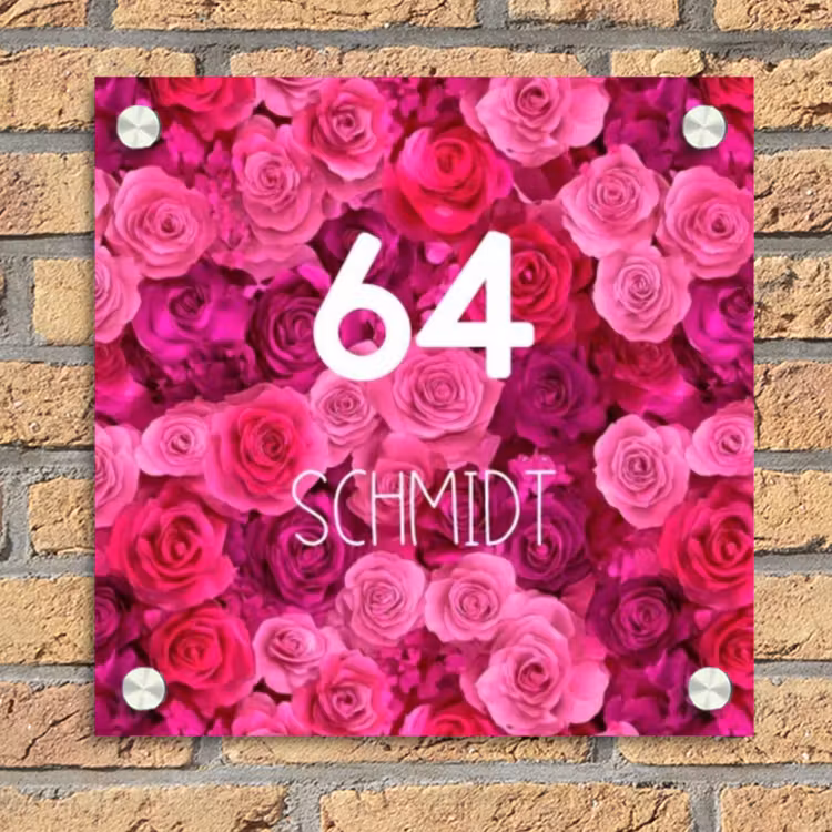 Roze rozen - Modern Naambord Vierkant klein -sfeer1