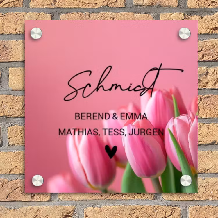Roze tulpen - Sierlijk Naambord Vierkant klein -sfeer1